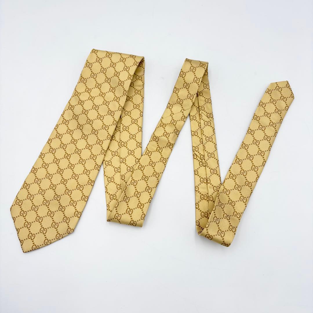 【美品】GUCCI グッチ ネクタイ GG柄 総柄 ゴールド イエロー シルク