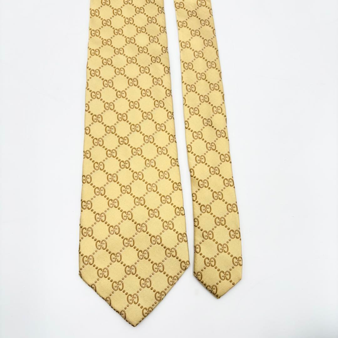 【美品】GUCCI グッチ ネクタイ GG柄 総柄 ゴールド イエロー シルク