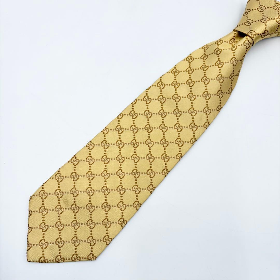 【美品】GUCCI グッチ ネクタイ GG柄 総柄 ゴールド イエロー シルク
