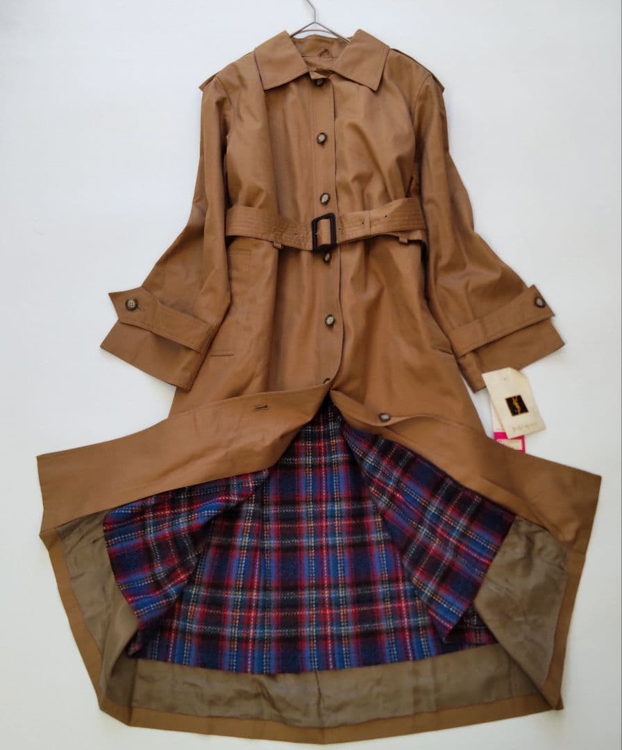 未使用 イヴサンローラン チェックライナー ベルト ロングコート 春秋 ブラウン