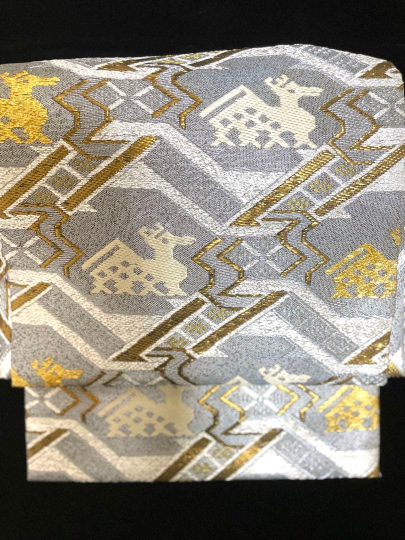 ♦️ 逸品　正絹　有職文様　有栖川鹿文　二重太鼓の作り帯