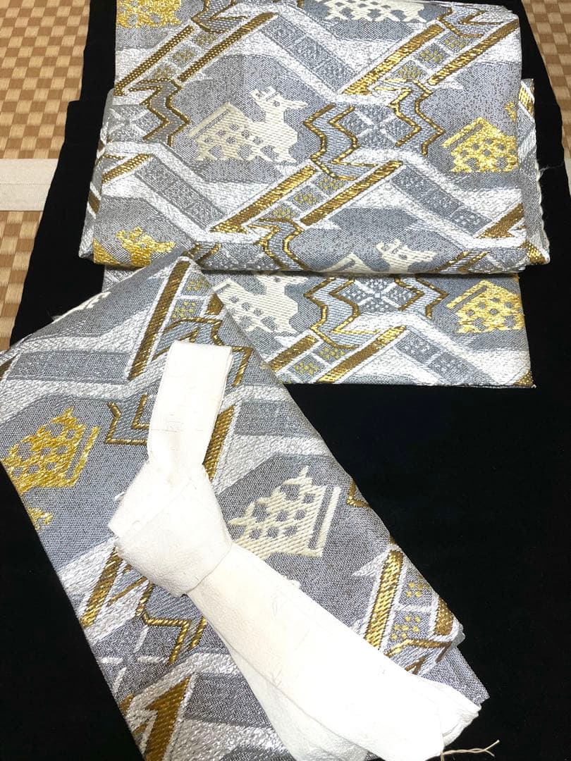 ♦️ 逸品　正絹　有職文様　有栖川鹿文　二重太鼓の作り帯