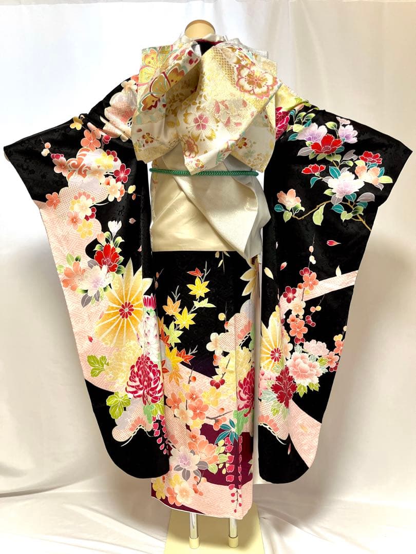 【美おり】振袖 正絹 振袖フルセット 7点セット 黒 レトロ調 アンティーク調
