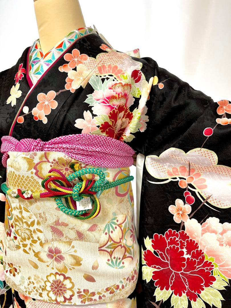 【美おり】振袖 正絹 振袖フルセット 7点セット 黒 レトロ調 アンティーク調