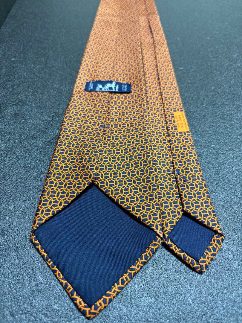 【美品】 HERMES エルメス ネクタイ Hロゴ オレンジ×ブラック