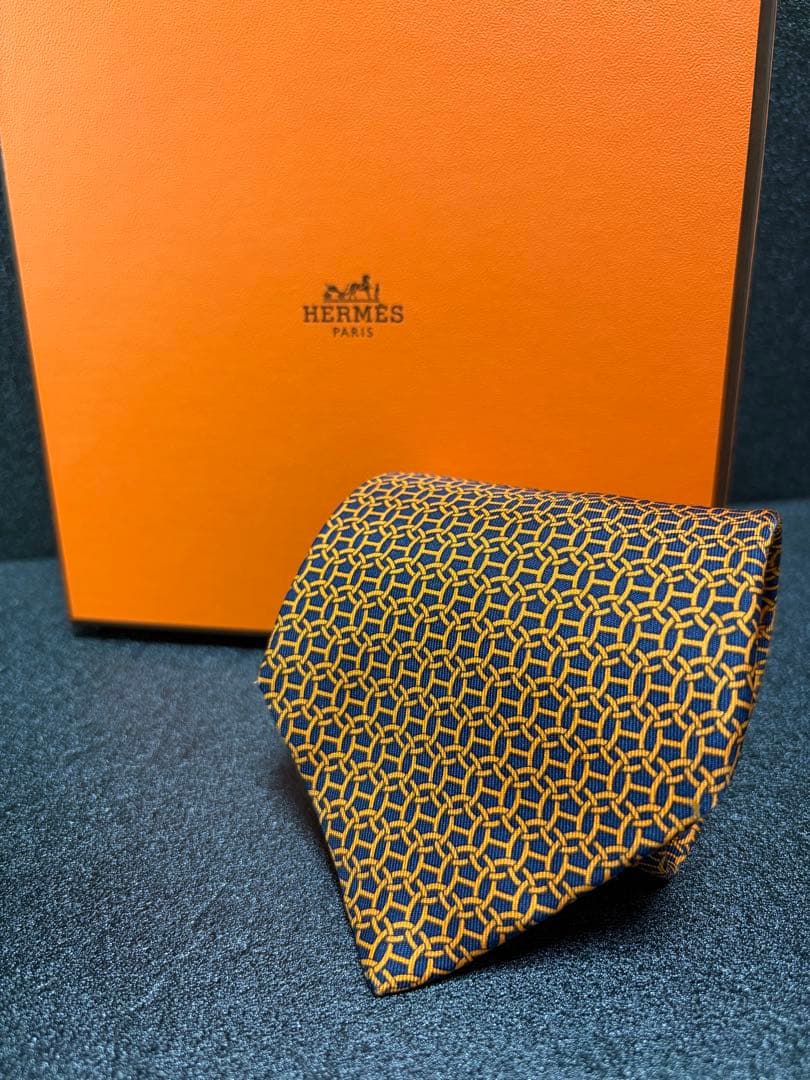 【美品】 HERMES エルメス ネクタイ Hロゴ オレンジ×ブラック