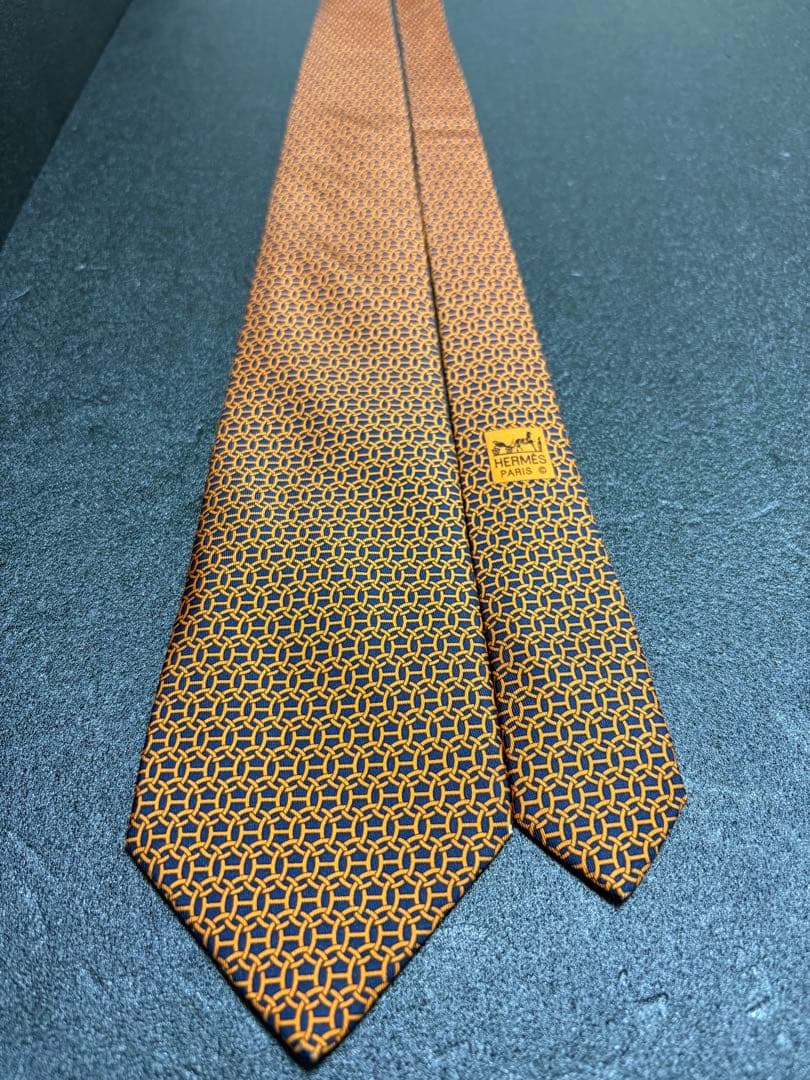 【美品】 HERMES エルメス ネクタイ Hロゴ オレンジ×ブラック
