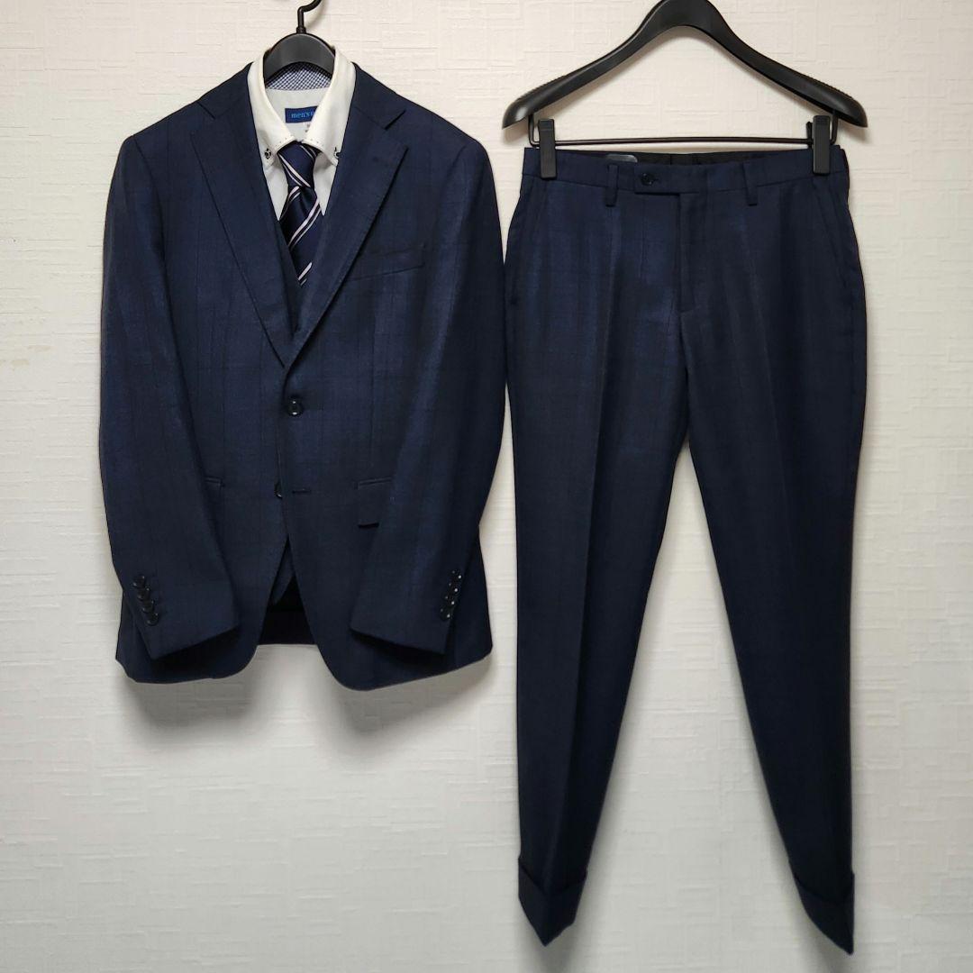 オリヒカ　メンズスーツ　スリーピース　セットアップ　濃紺ブルー　チェック