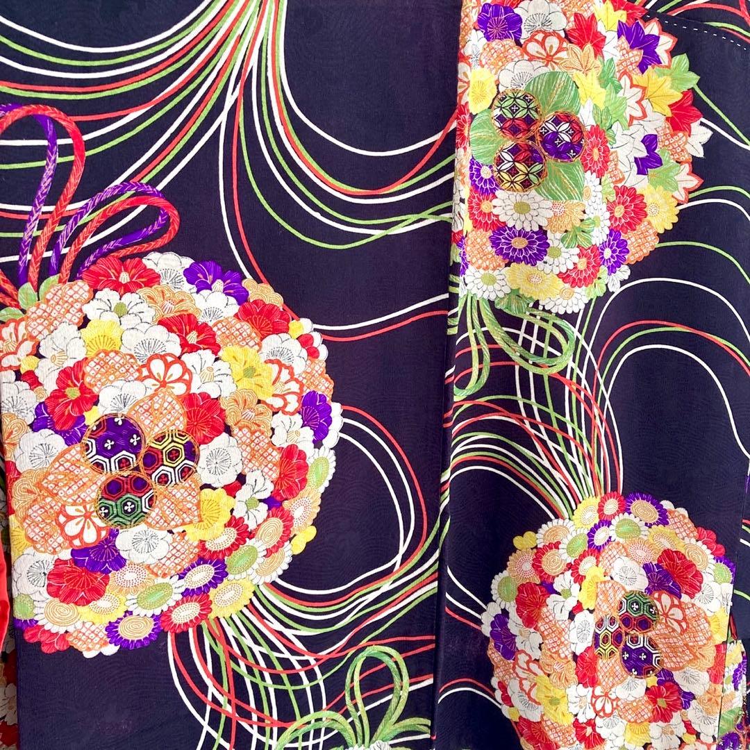 黒紫色 アンティーク 花薬玉 ジュニア 十三詣り アンティーク着物 NO560