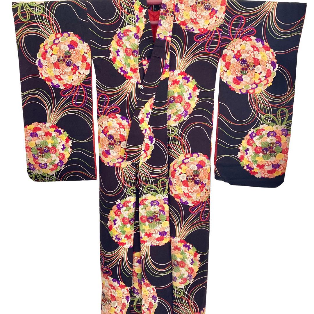 黒紫色 アンティーク 花薬玉 ジュニア 十三詣り アンティーク着物 NO560