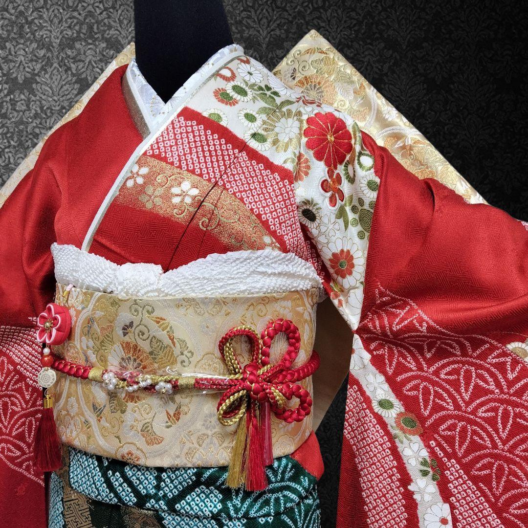 ☆とまとまと☆振袖フルセット(8点)・絞り・古典柄・吉翔文様・金駒刺繍