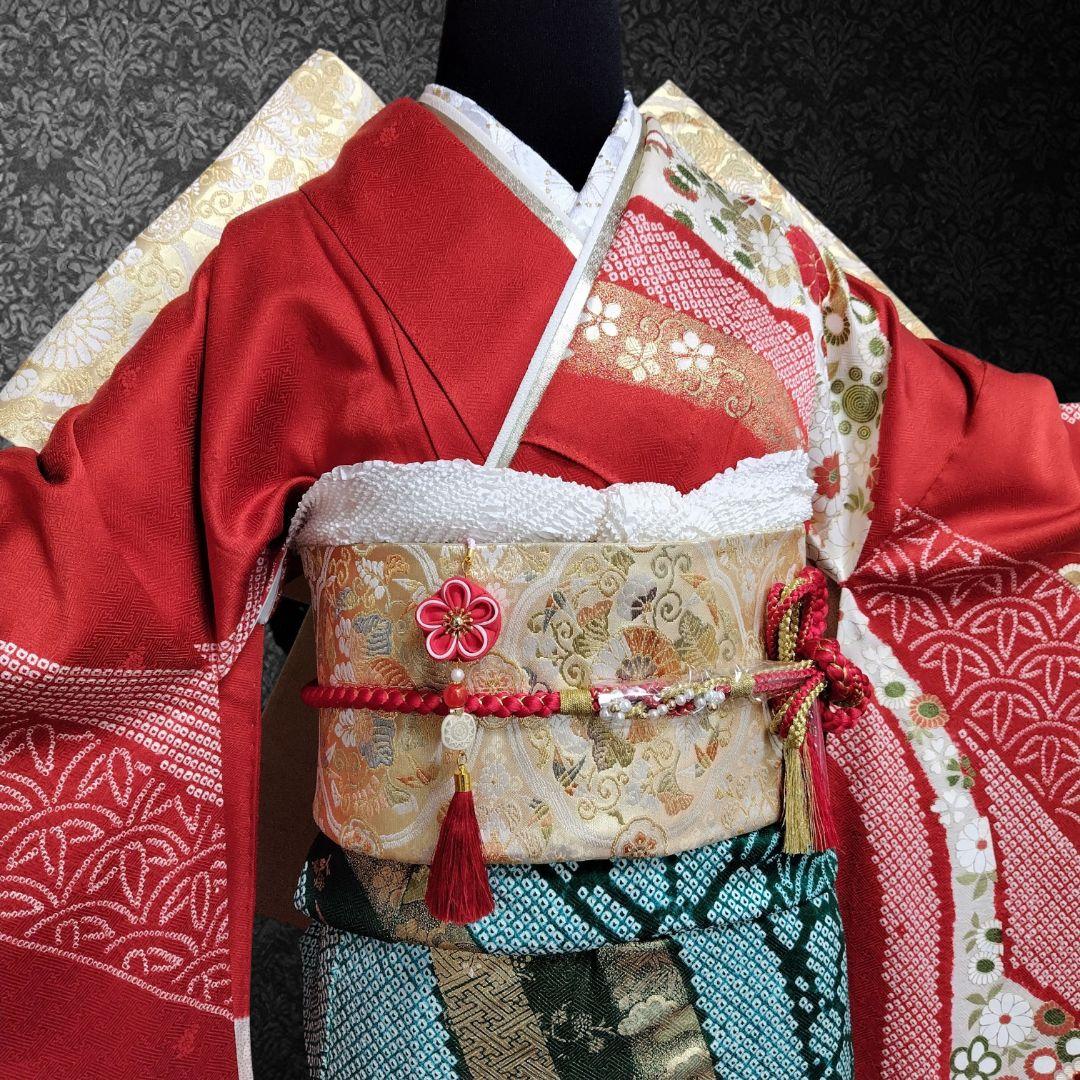 ☆とまとまと☆振袖フルセット(8点)・絞り・古典柄・吉翔文様・金駒刺繍