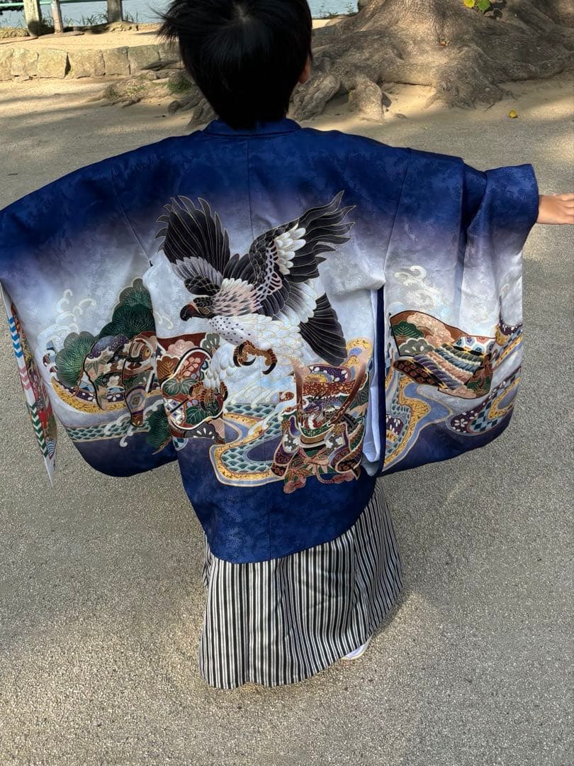 七五三用　着物 紺-鷹兜　5歳　男の子　袴