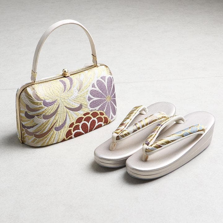 草履バッグセット　乱菊や草花柄　くすみ系　24cm 01671