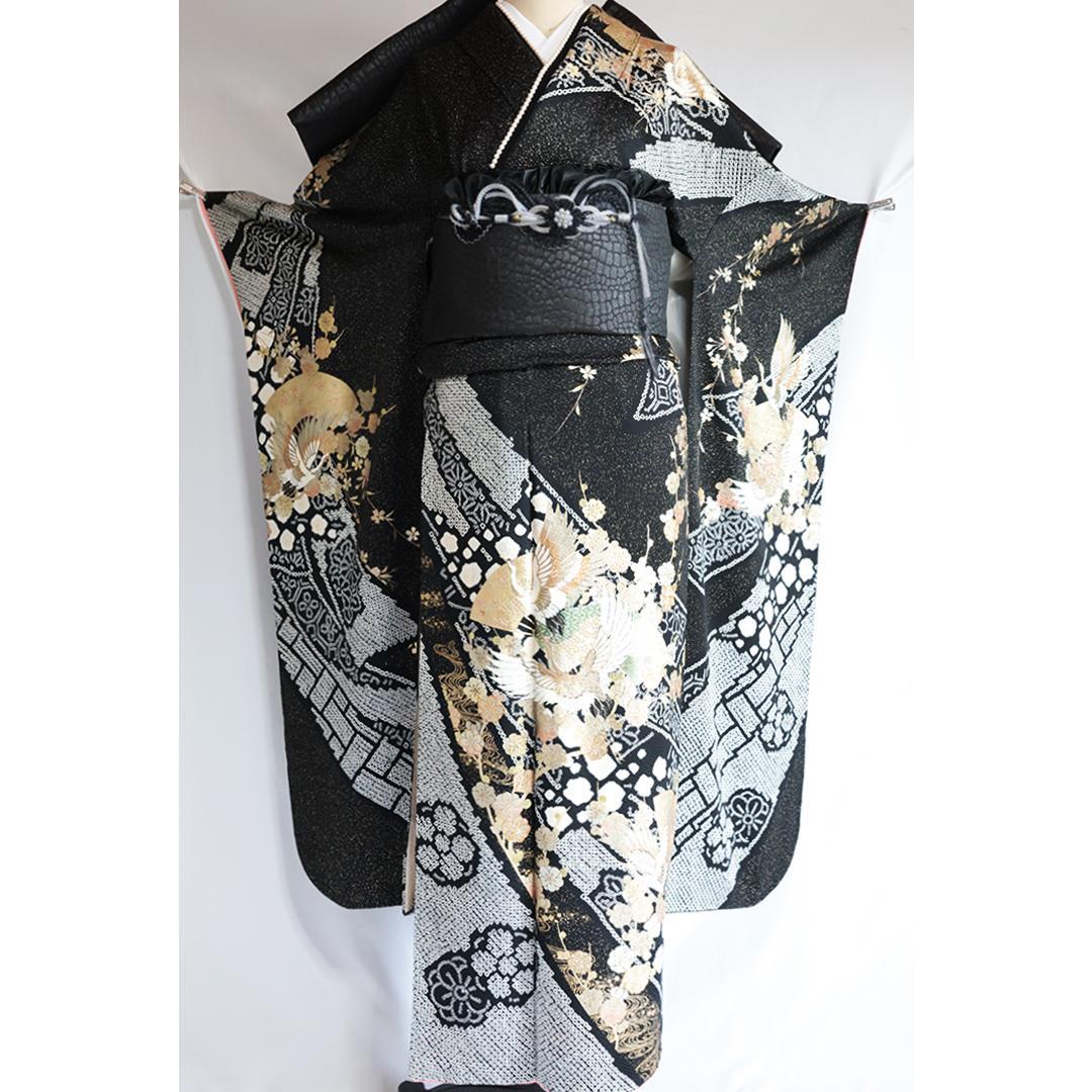 【フローラ】豪華■やまと部分絞り黒■振袖8点セットフルセット成人式GB13