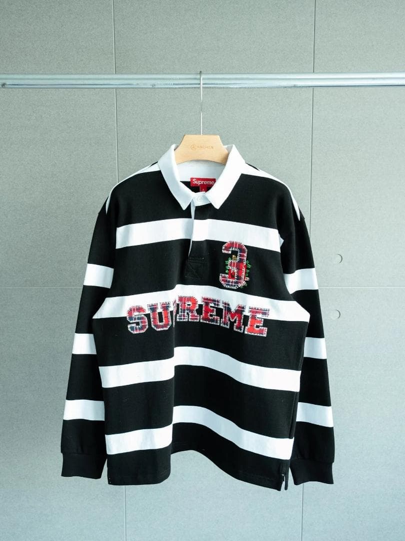 美品Supreme ラガーシャツ M 黒/白 ストライプ