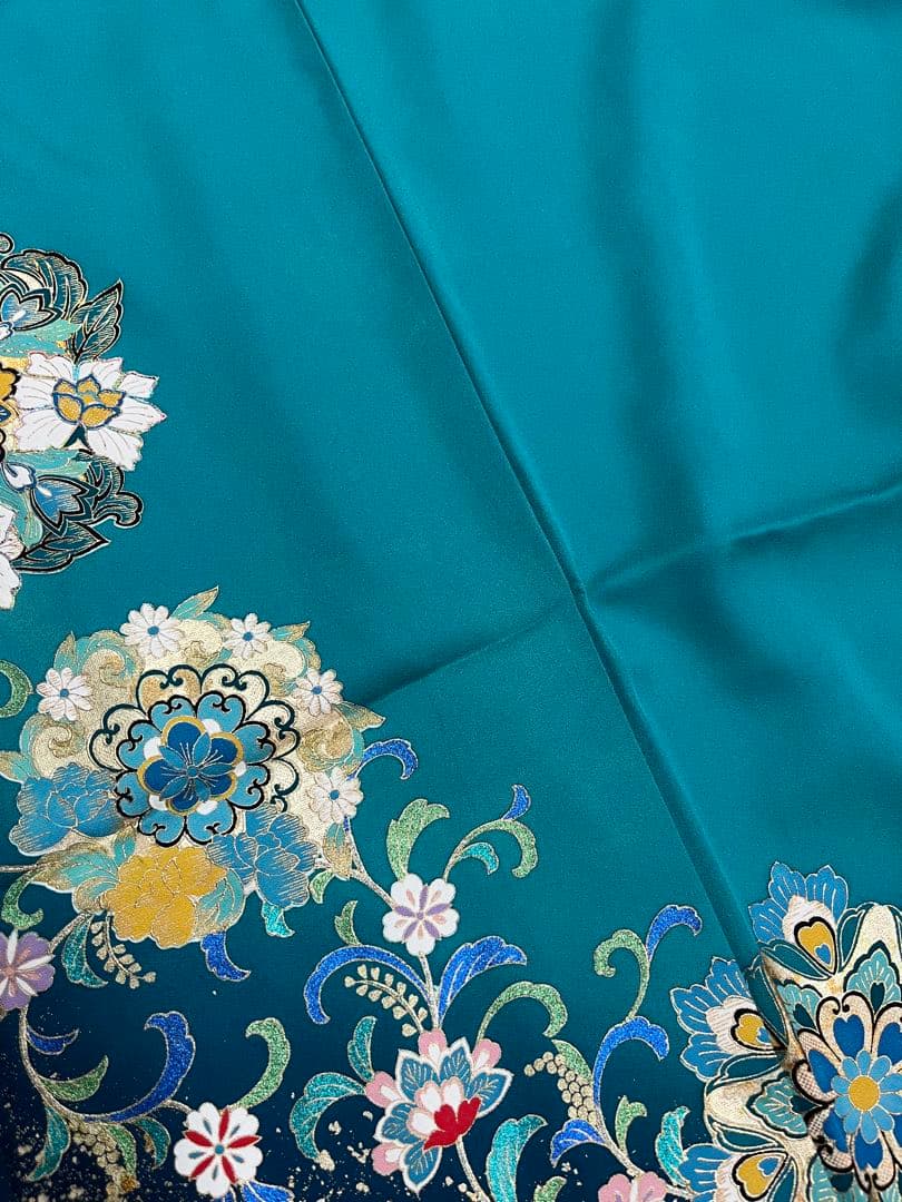 中古　※B品　振袖　仕立て上がり　グリーン　緑　色ヤケあり　B14