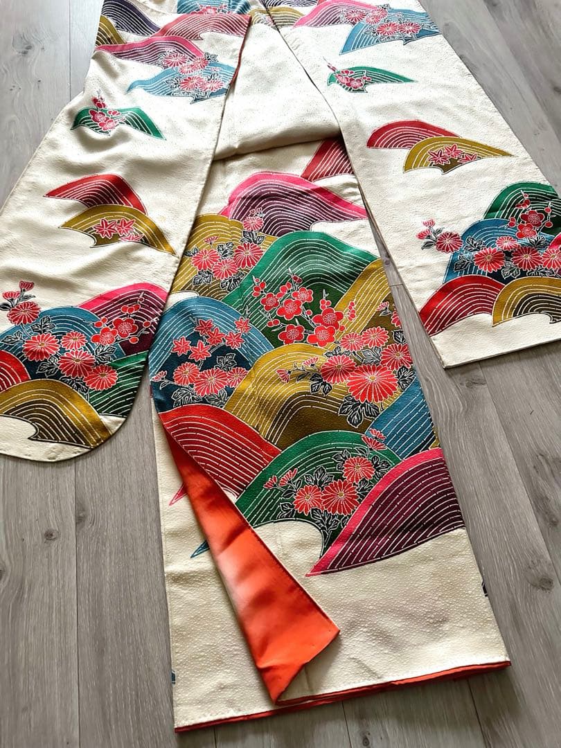 【未使用級】鹿の子地紋 振袖 扇面吉祥花文様 暈し八掛 成人式 卒業式