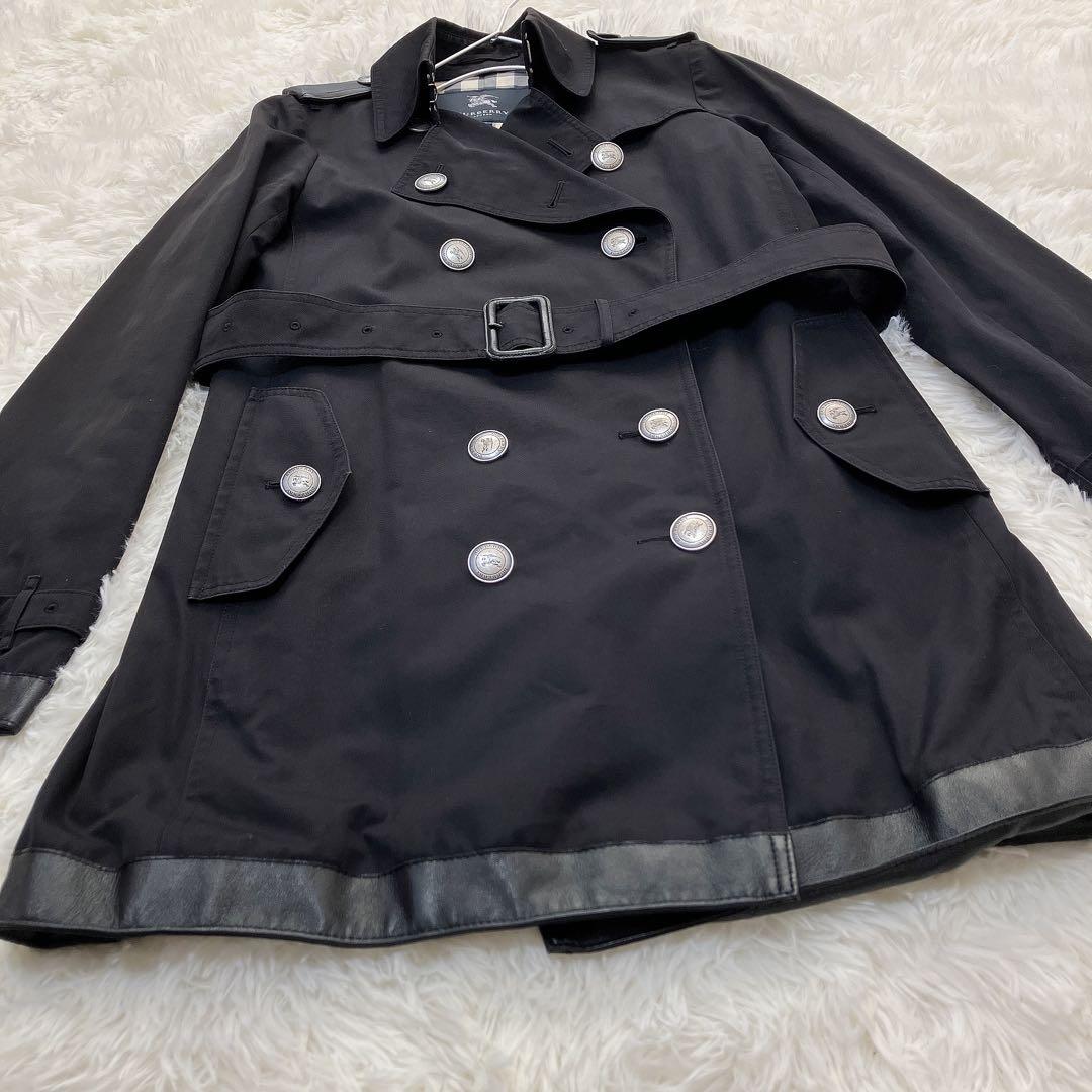 美品　バーバリーロンドン　ダブル　トレンチコート　メガチェック　レザー　ブラック