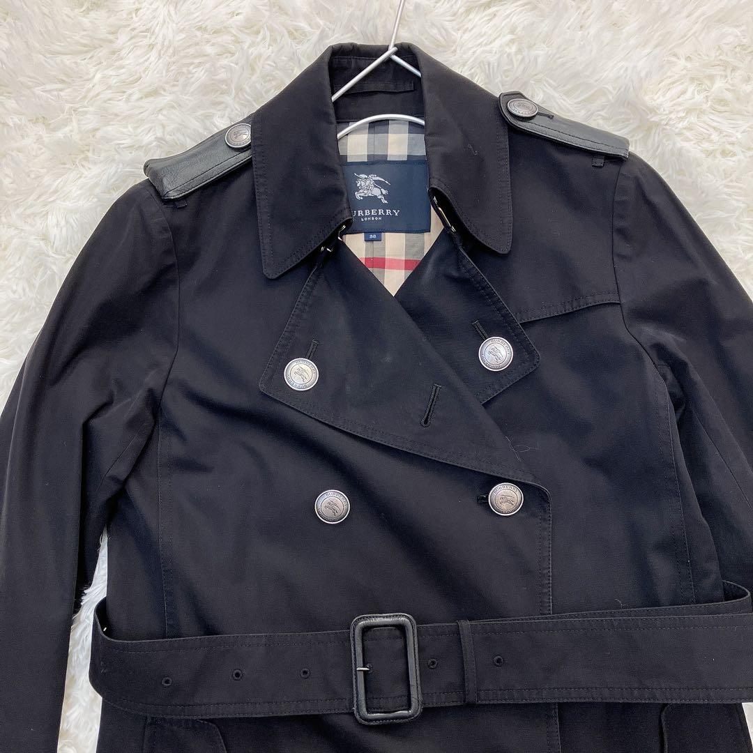 美品　バーバリーロンドン　ダブル　トレンチコート　メガチェック　レザー　ブラック