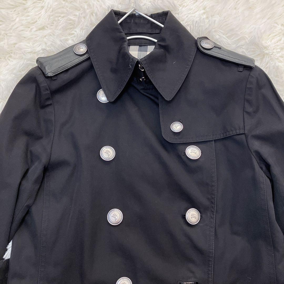 美品　バーバリーロンドン　ダブル　トレンチコート　メガチェック　レザー　ブラック