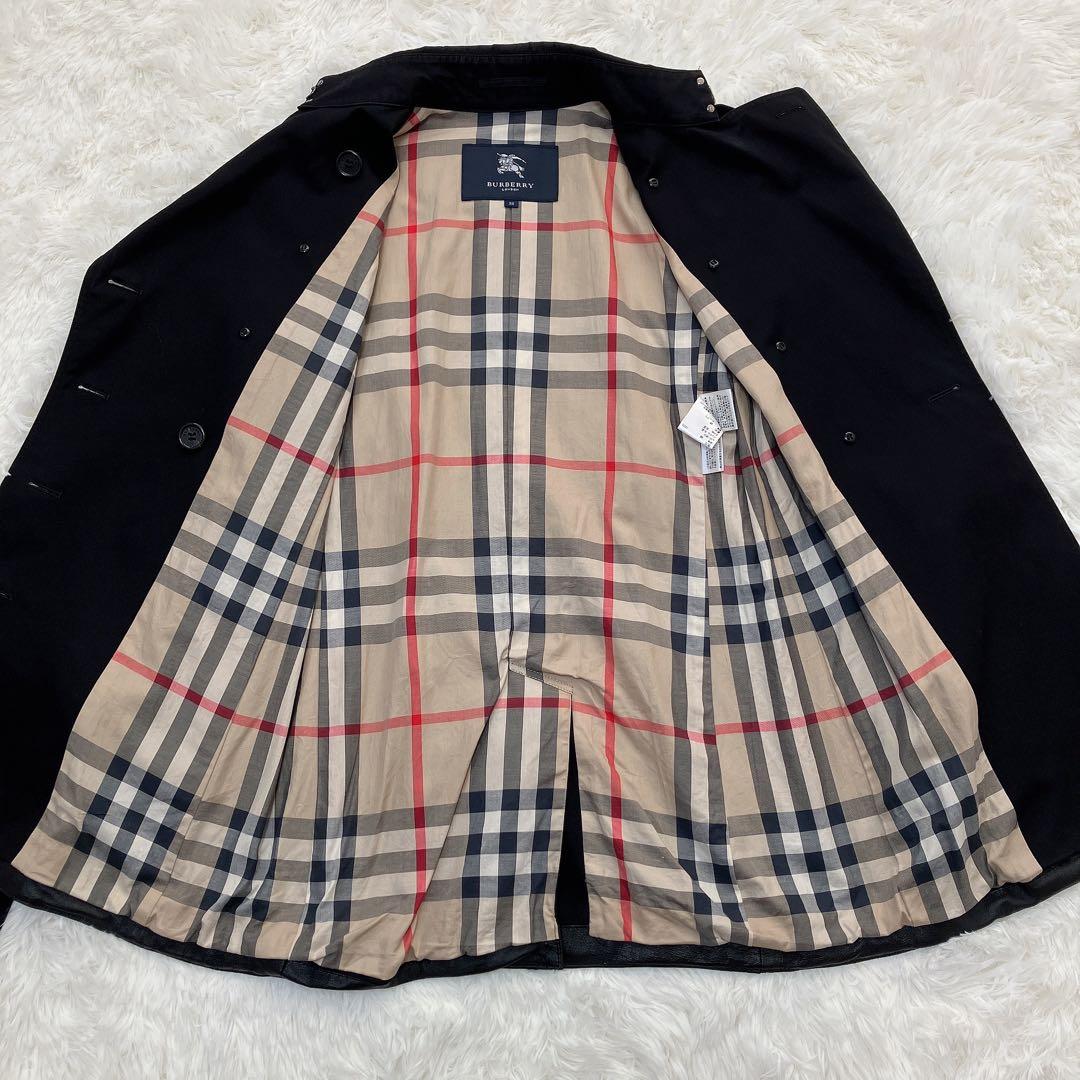 美品　バーバリーロンドン　ダブル　トレンチコート　メガチェック　レザー　ブラック