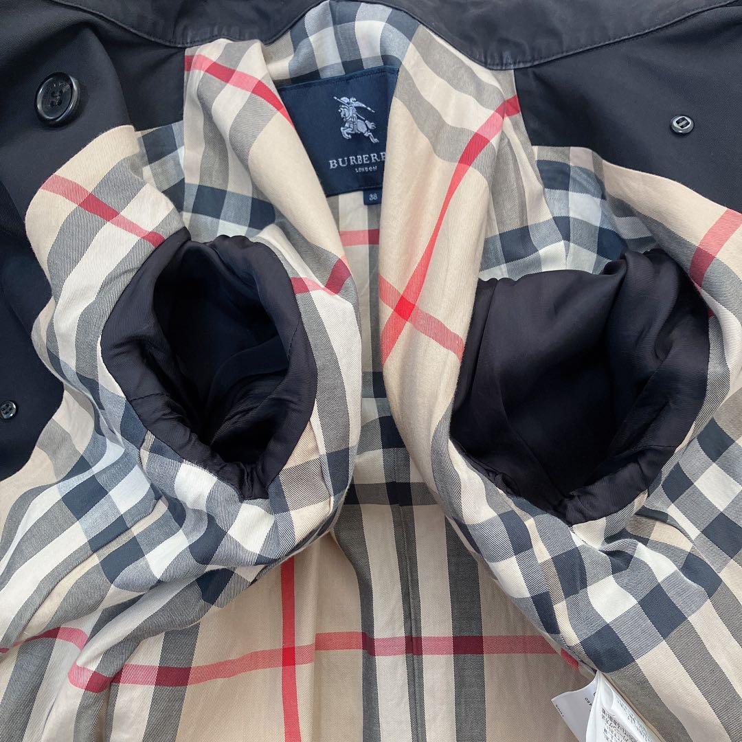 美品　バーバリーロンドン　ダブル　トレンチコート　メガチェック　レザー　ブラック