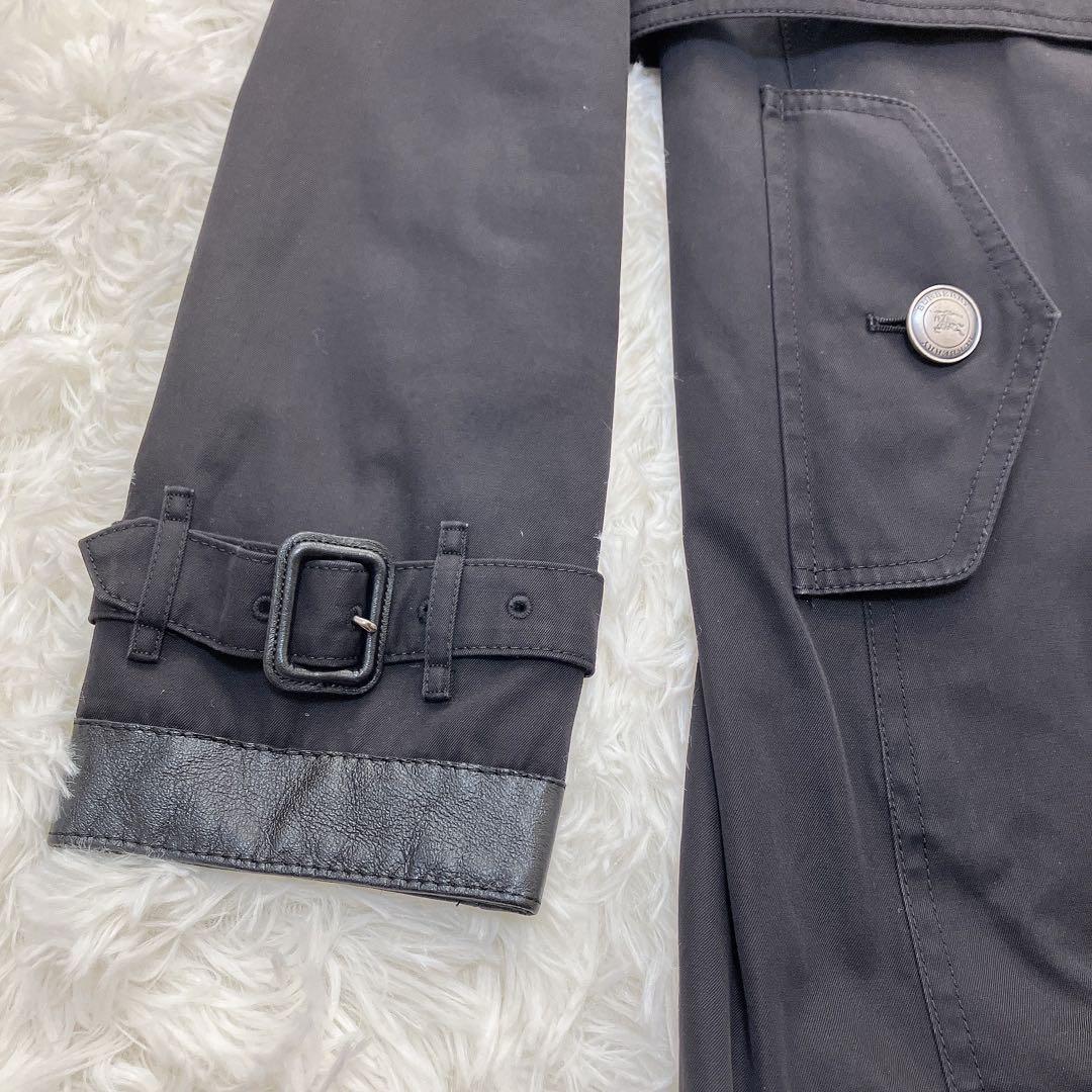 美品　バーバリーロンドン　ダブル　トレンチコート　メガチェック　レザー　ブラック