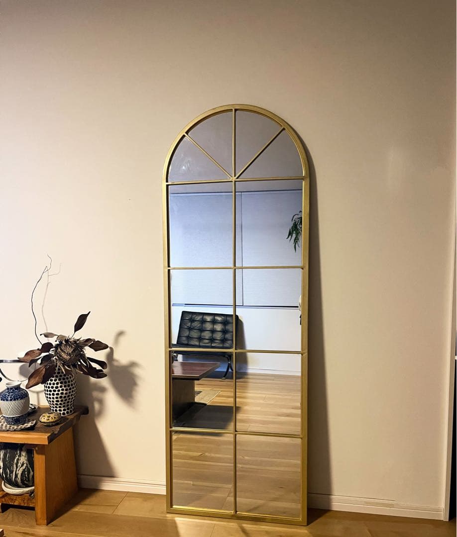 【最終値下げ】窓アーチ型 全身鏡　ウォールミラー　壁掛け鏡 姿見2wayゴールド