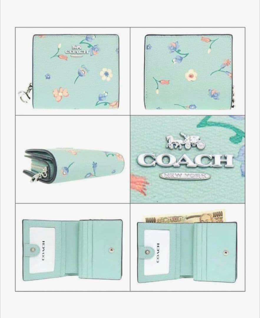COACH 花柄 二つ折り財布 ミントグリーン 並行輸入品:アウトレット品