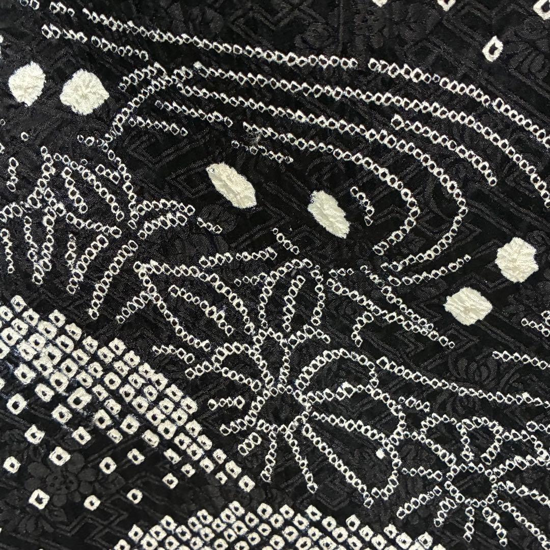 D111藤娘きぬたや 総絞り 訪問着 黒地 青海波 流水 正絹 着物 袷 極美品