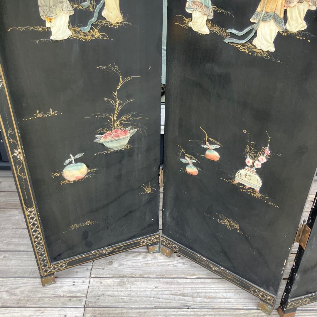 中国骨董 螺鈿細工 女性 古典画装飾彫り 木製 4連パーテーション 衝立 屏風