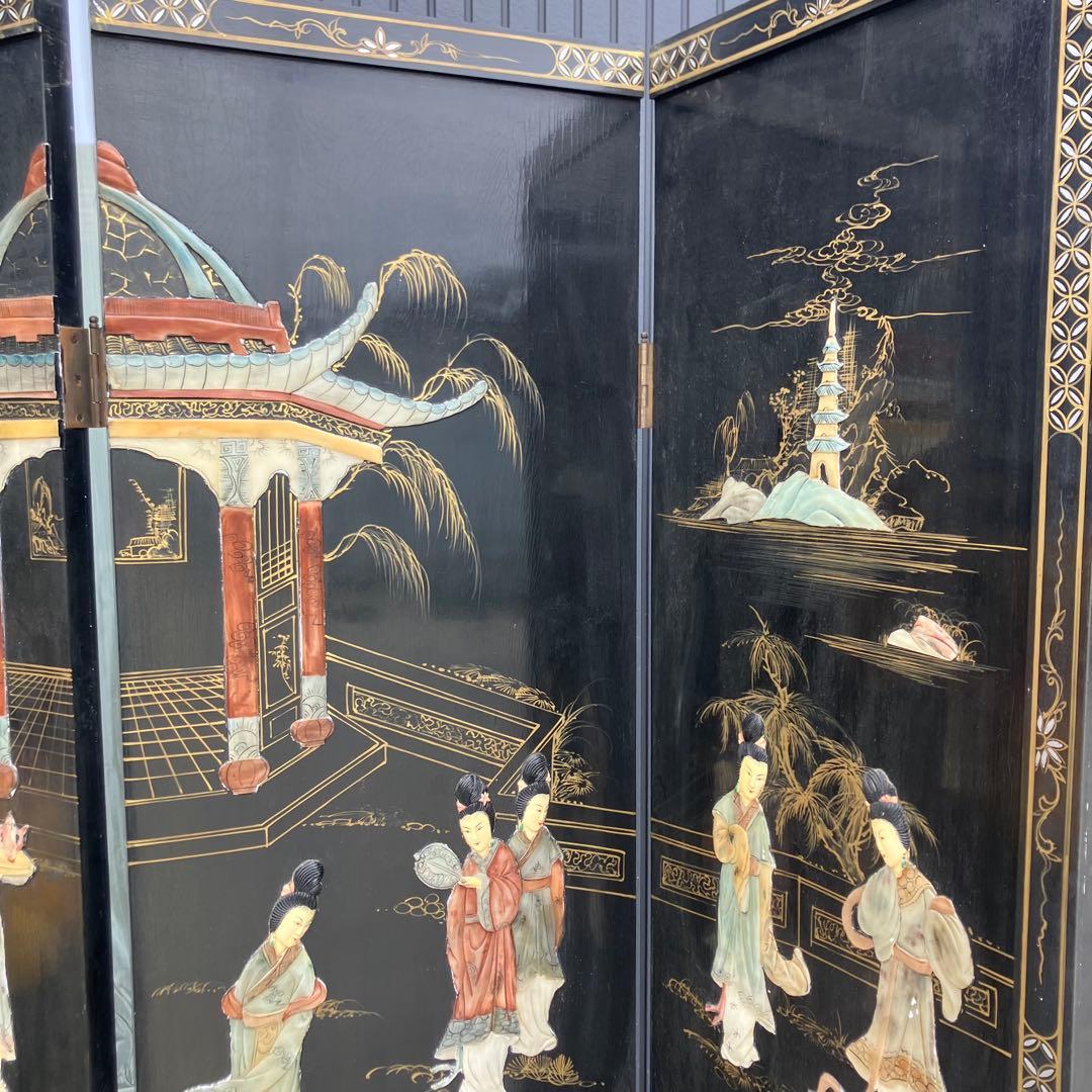 中国骨董 螺鈿細工 女性 古典画装飾彫り 木製 4連パーテーション 衝立 屏風