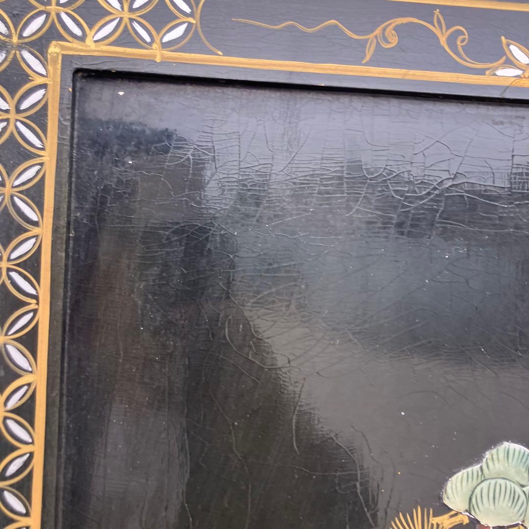 中国骨董 螺鈿細工 女性 古典画装飾彫り 木製 4連パーテーション 衝立 屏風