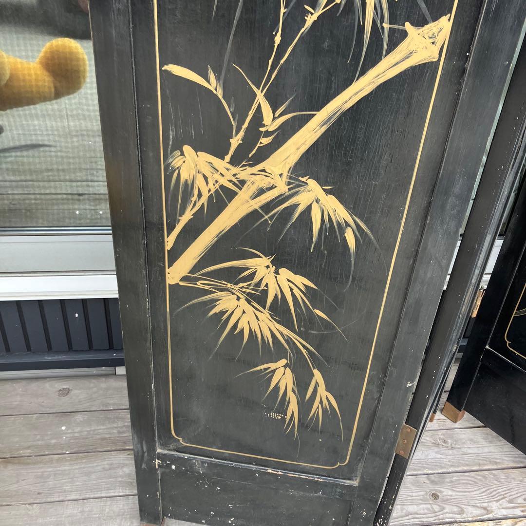 中国骨董 螺鈿細工 女性 古典画装飾彫り 木製 4連パーテーション 衝立 屏風