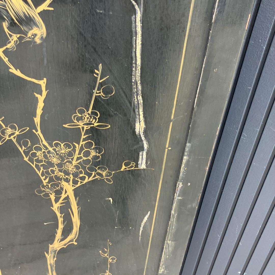 中国骨董 螺鈿細工 女性 古典画装飾彫り 木製 4連パーテーション 衝立 屏風