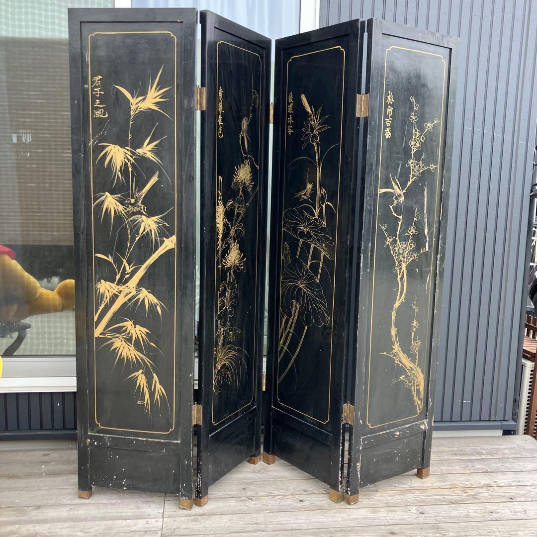 中国骨董 螺鈿細工 女性 古典画装飾彫り 木製 4連パーテーション 衝立 屏風