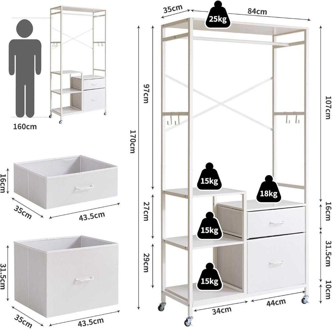 【Aibiju/ハンガーラック クローゼット ワードローブ 引き出し 棚付き】