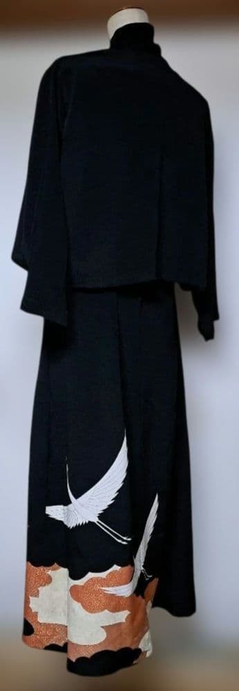 留袖 リメイクボレロ付きロングドレス　鶴と雲模様