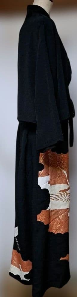 留袖 リメイクボレロ付きロングドレス　鶴と雲模様