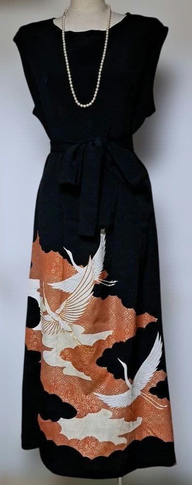 留袖 リメイクボレロ付きロングドレス　鶴と雲模様