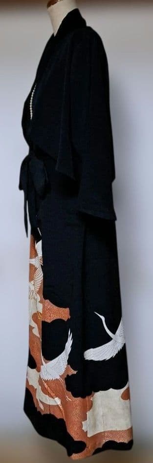 留袖 リメイクボレロ付きロングドレス　鶴と雲模様
