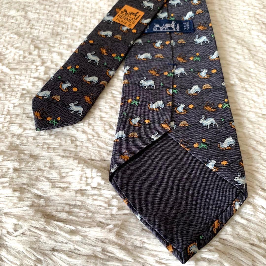 ✨美品✨HERMES エルメス うさぎ柄 動物 ネクタイ ブルー アニマル