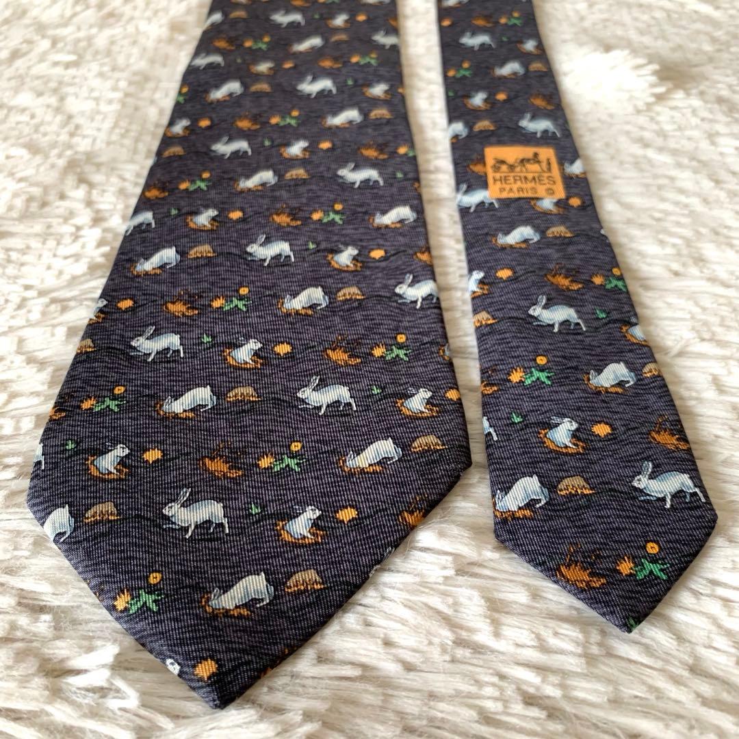 ✨美品✨HERMES エルメス うさぎ柄 動物 ネクタイ ブルー アニマル
