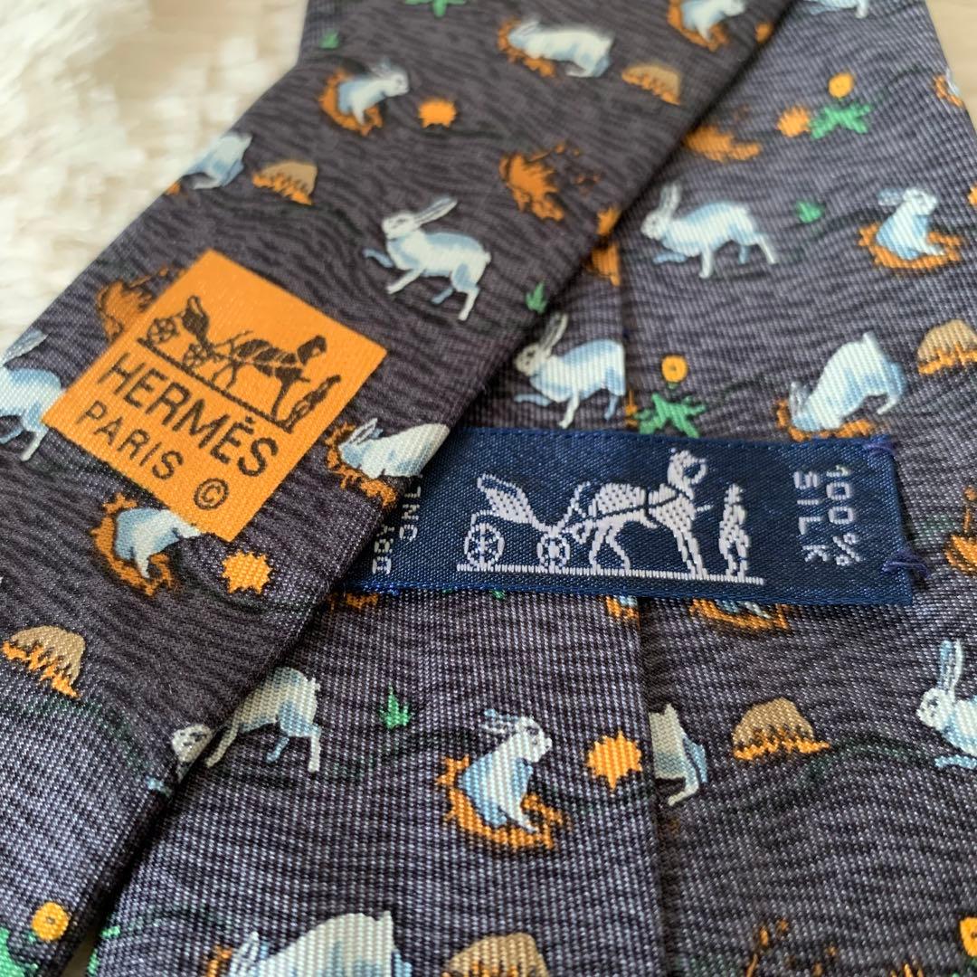 ✨美品✨HERMES エルメス うさぎ柄 動物 ネクタイ ブルー アニマル