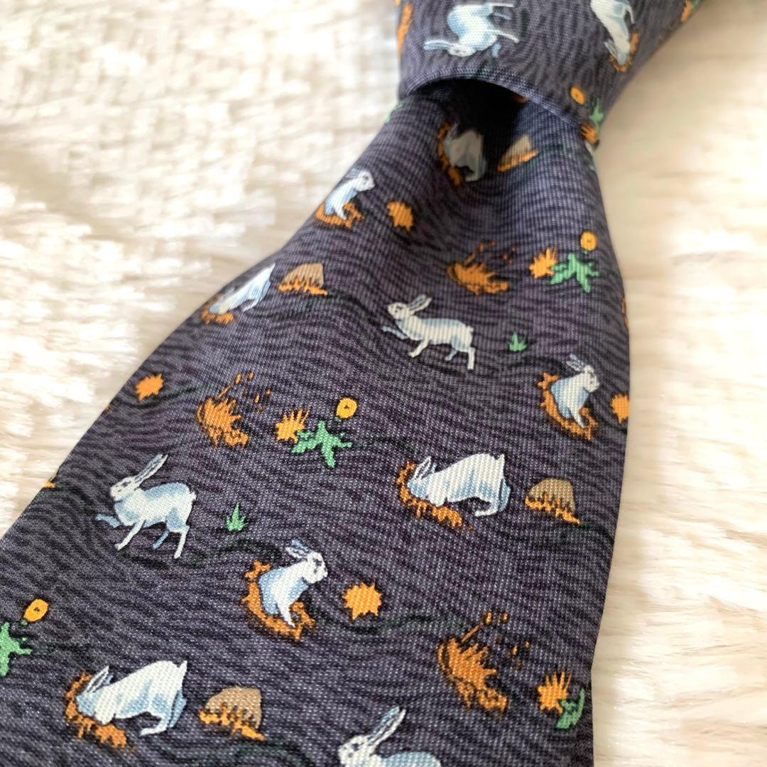 ✨美品✨HERMES エルメス うさぎ柄 動物 ネクタイ ブルー アニマル