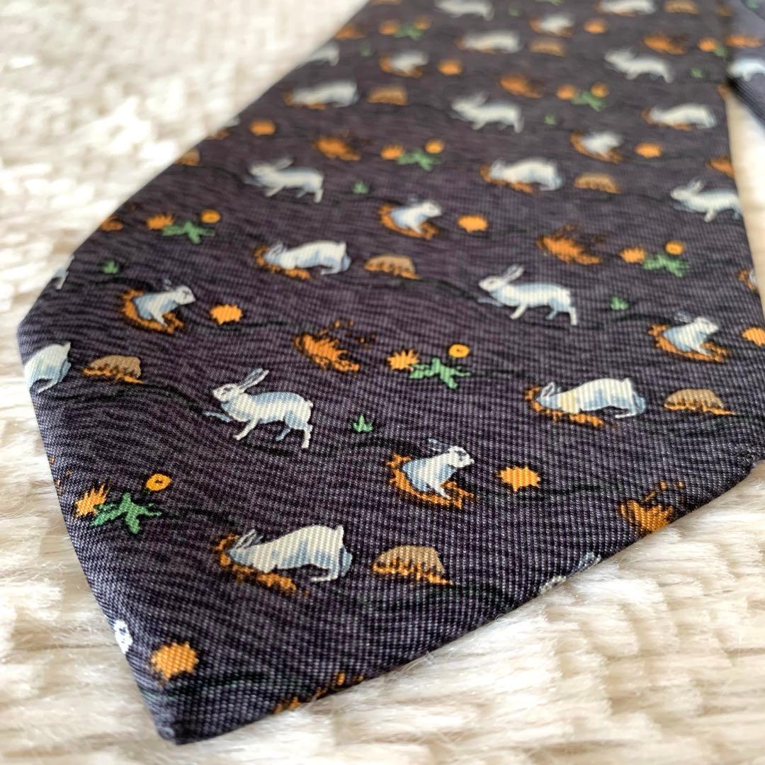 ✨美品✨HERMES エルメス うさぎ柄 動物 ネクタイ ブルー アニマル