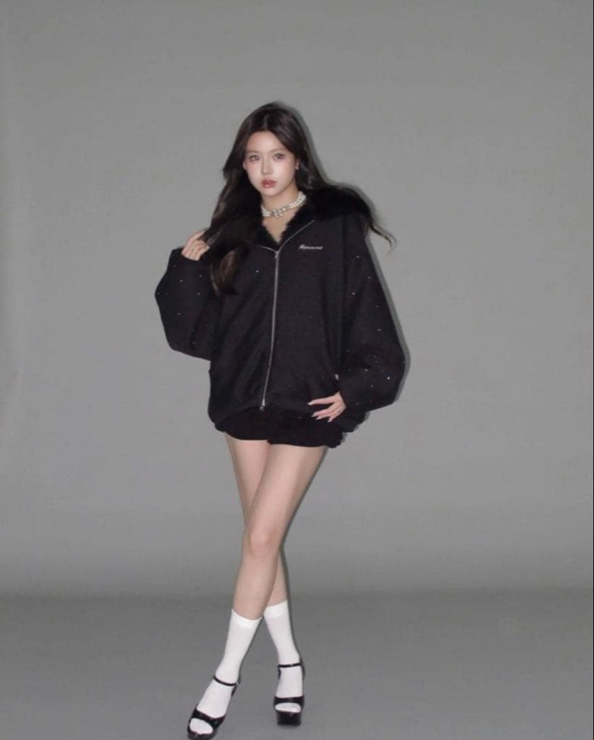 トップス andwang kirakira 2way fur zip up black