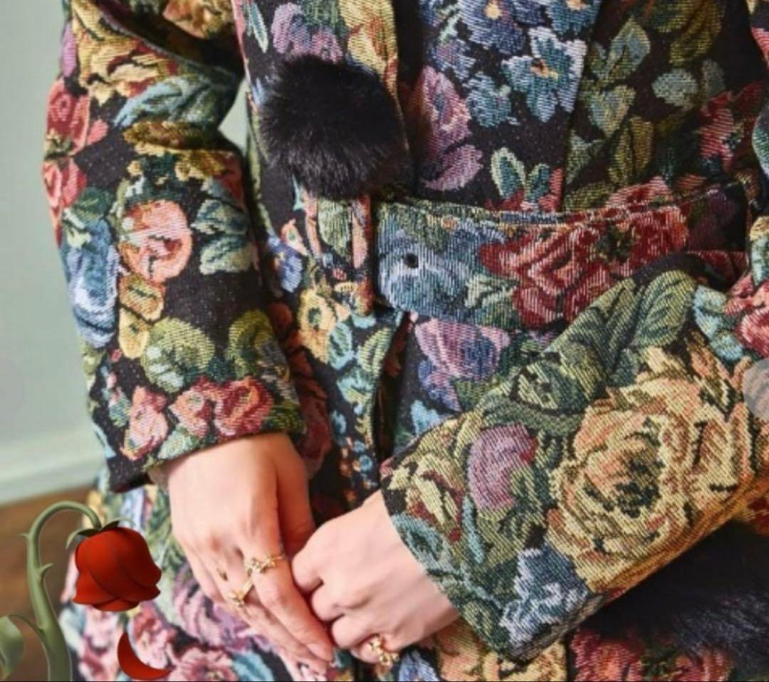 【超希少・3L】新品 くる実 しまむら ロングコート ゴブラン 花柄 BLACK