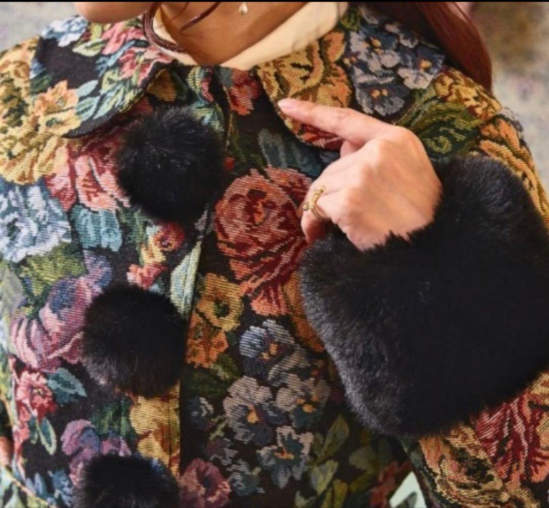 【超希少・3L】新品 くる実 しまむら ロングコート ゴブラン 花柄 BLACK